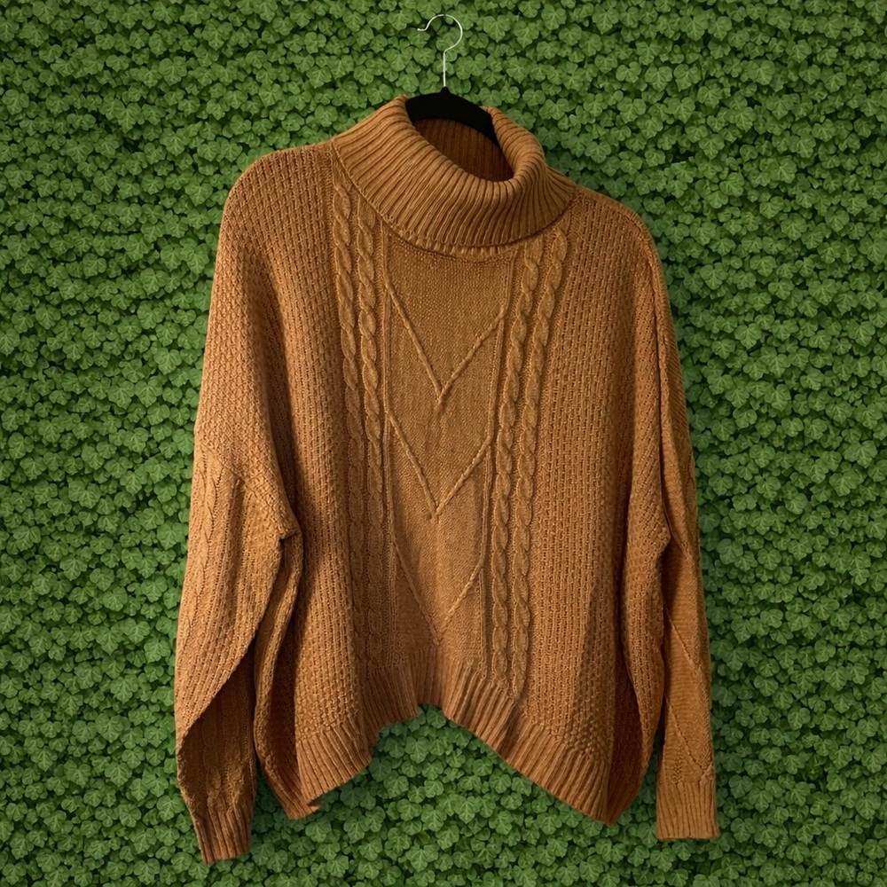 Camel Cable Knit Turtleneck Sweater | Cozy Oversized Fit | M–L